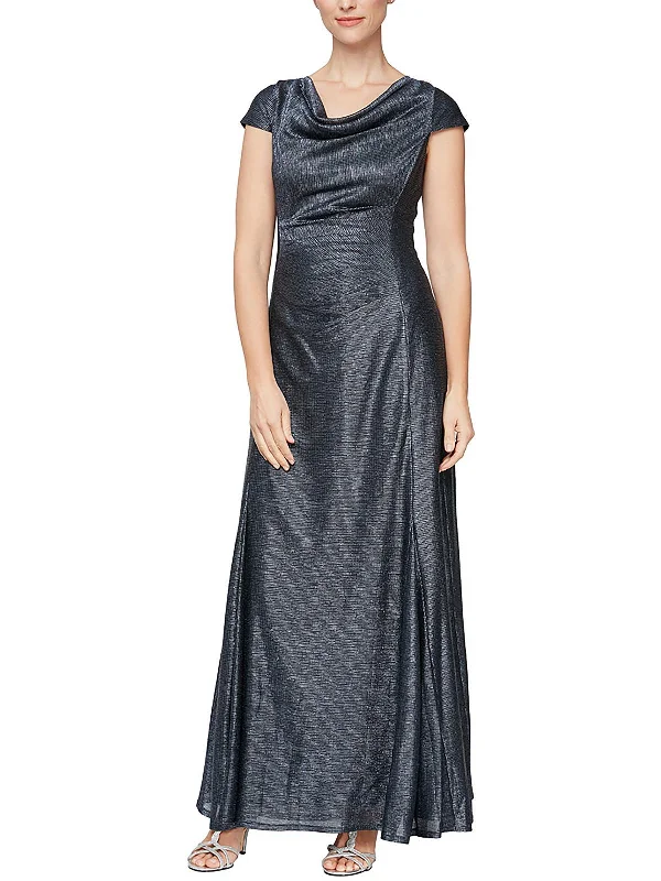 Halter Dresses for Chic Style -Womens Metallic Cowl Neck Evening Dress