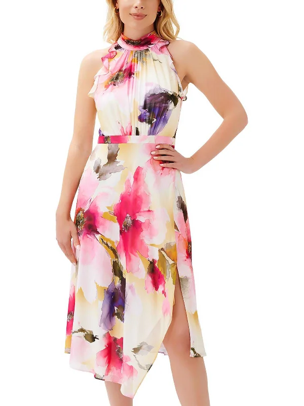 Satin Dresses for Shiny Look -Womens Floral Print Mid Calf Halter Dress