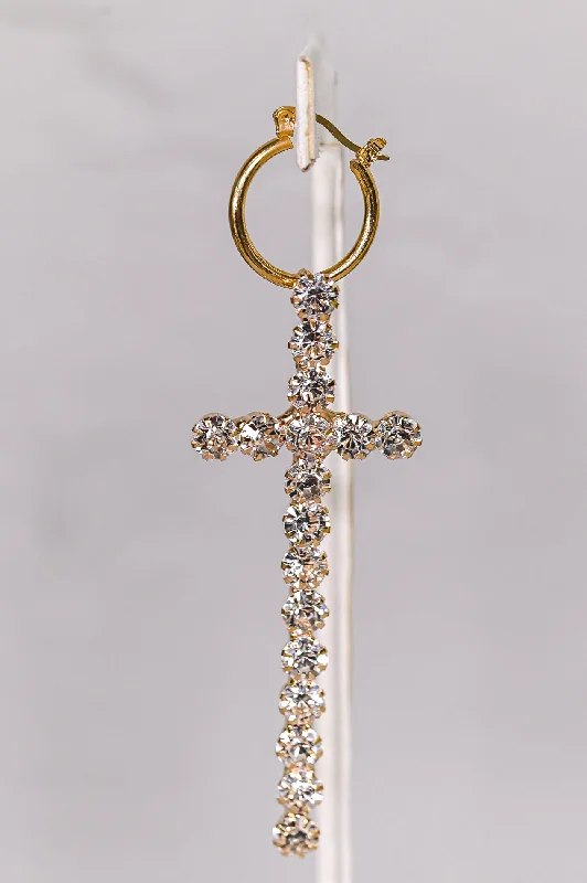 Drop Earrings for Graduation Day -Gold Bling Cross Dangle Earrings - EAR3931GO