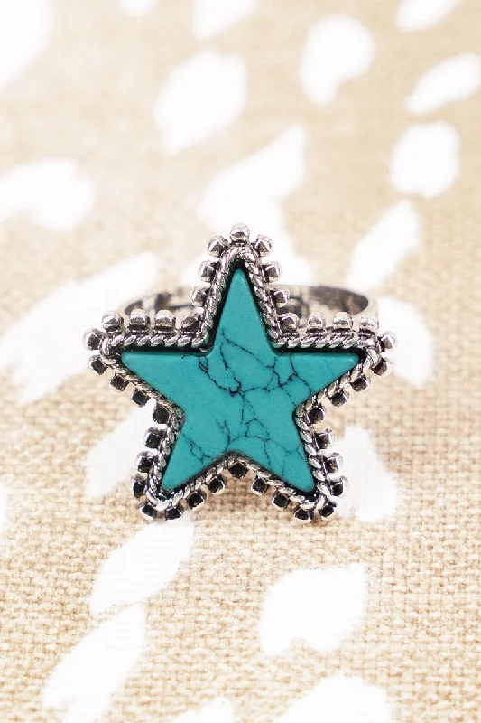 Rings with tiger eye bands for warmth -SALE! Madison Turquoise Star Silvertone Ring