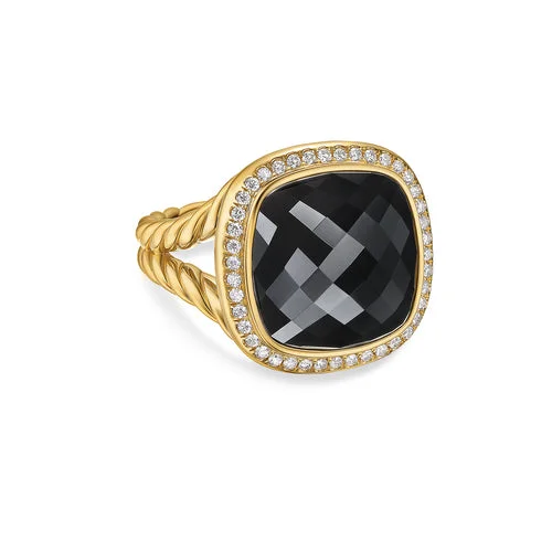 Rings with crescent moon for lunar charm -Albion Ring in 18K Yellow Gold with Black Onyx and Diamonds, 15mm, Size 7