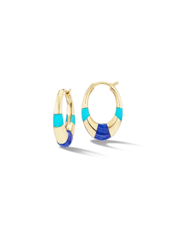 Large Drop Earrings for Statement -MINI CHUNKY INLAY TRI BLUE HOOP EARRINGS