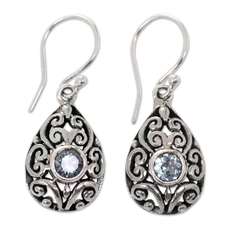 Bohemian Drop Earrings with Tassels -Handmade Sterling Silver 'Balinese Scarab' Topaz Earrings (Indonesia) - Blue