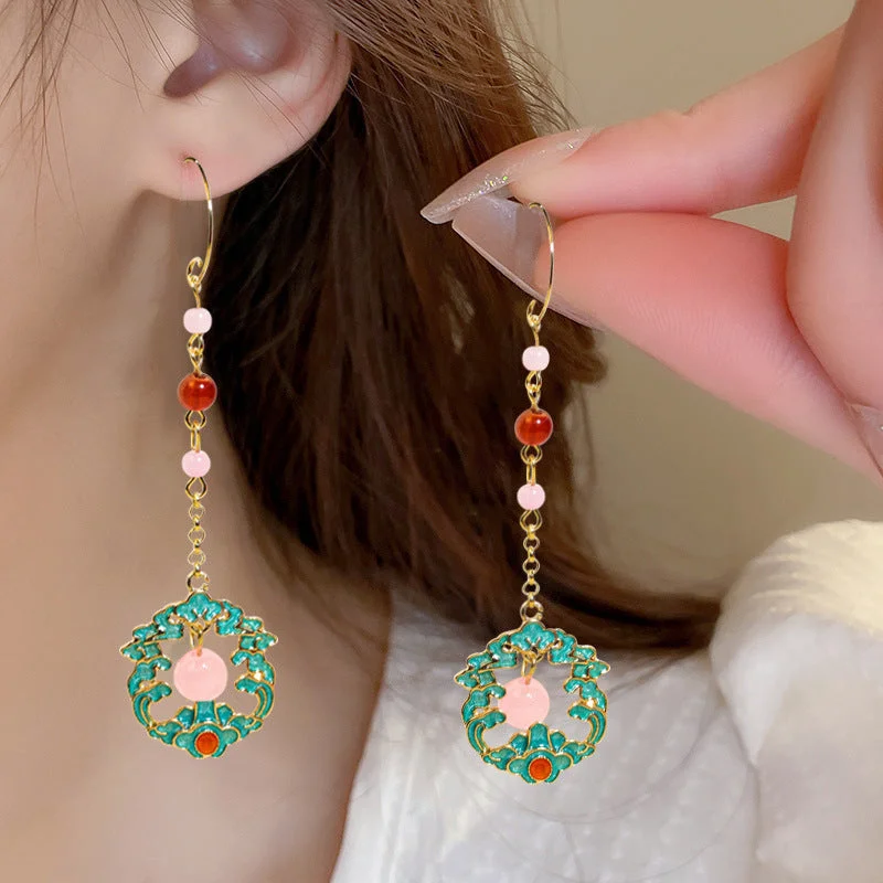 Studded Drop Earrings with Gemstones -Wholesale Flower Filigree Wave Pattern Long Earrings