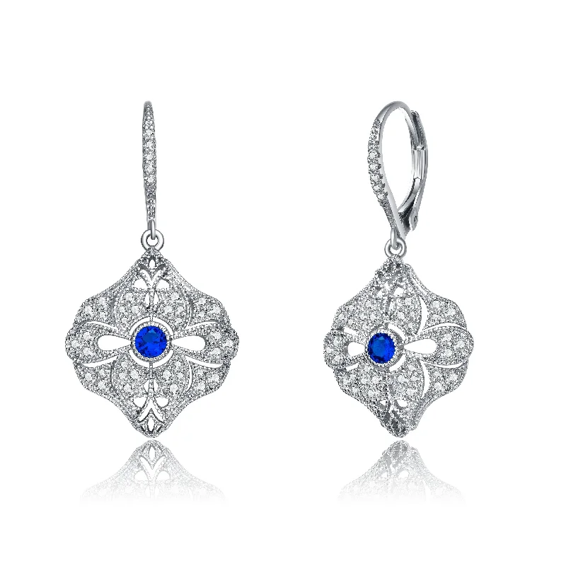 Studded Drop Earrings with Gemstones -GENEVIVE Sterling Silver Sapphire Cubic Zirconia Wreath Drop Earrings