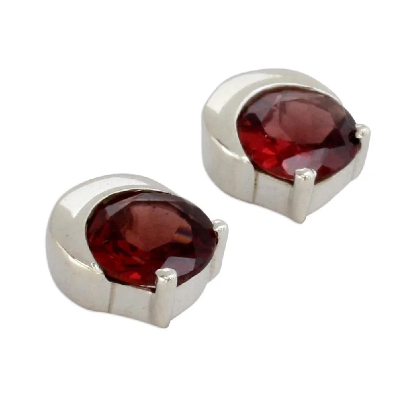 Indian Drop Earrings with Intricacy -Handmade Sterling Silver Beneath the Moon Garnet Earrings (India) - Red - 0.4*0.3