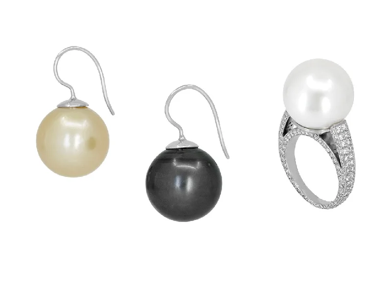 Drop Earrings for Christmas Party -Set of South Sea Pearl and Diamond Ring and Earrings in 18K White Gold and Platinum