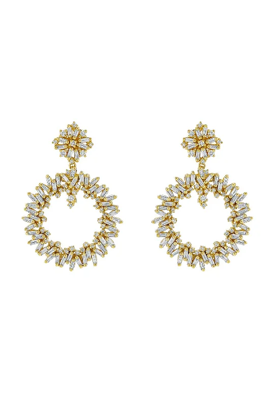 Drop Earrings with Embossed Patterns -Baguette Diamond Round Drop Earrings