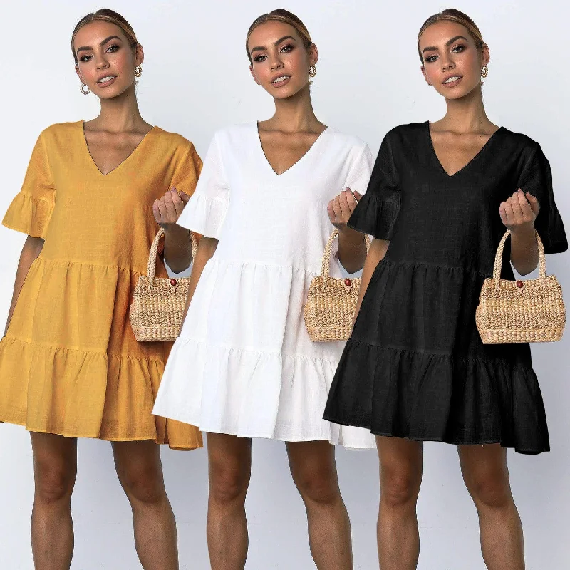 Elastic Dresses for Fit -Short sleeve pleated dress