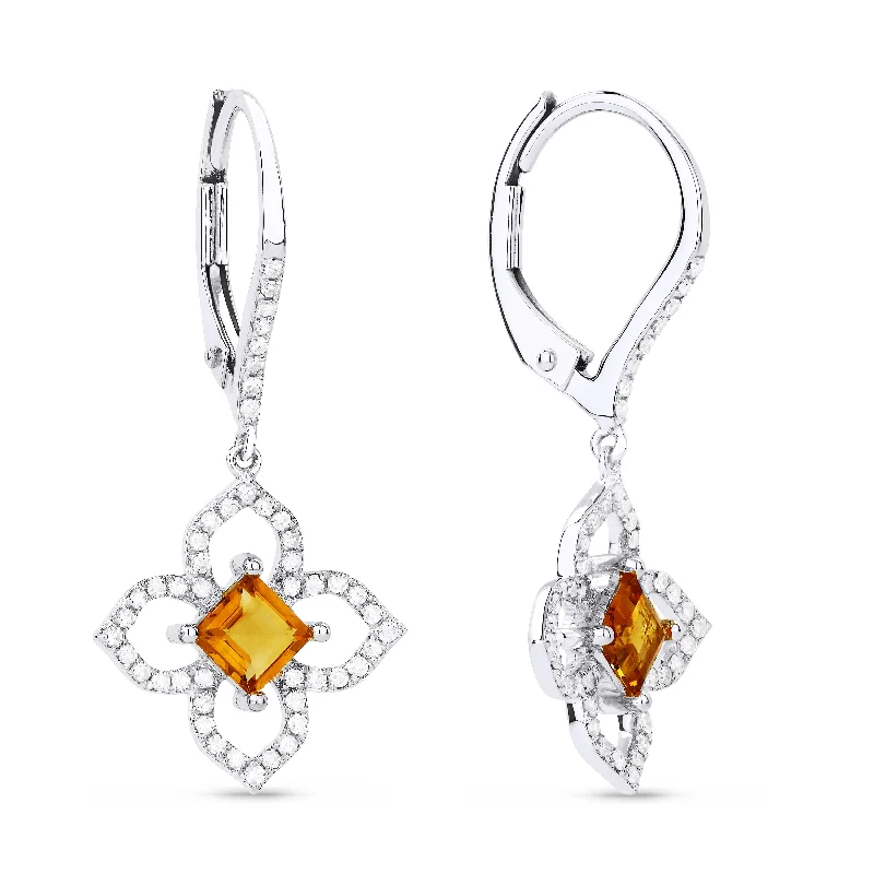 Drop Earrings with Floral Motifs -6.5 16.9 Mm 0.60Ct Citrine Drop/dangle Earrings In 14K White Gold