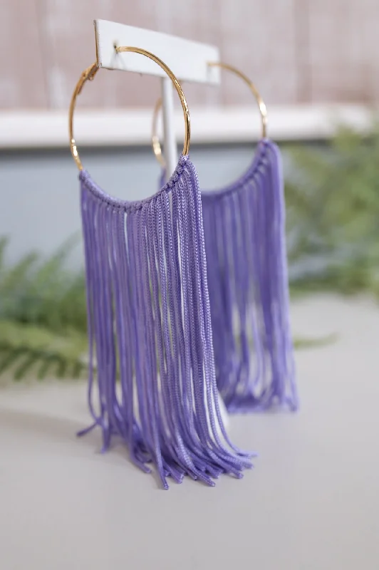 Animal Print Drop Earrings for Fun -Long Lavender Tassel Gold Hoop Earrings - EAR4069LV