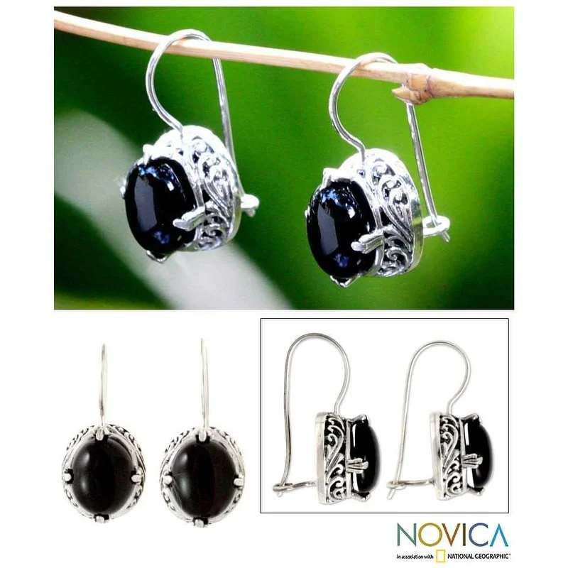 Retro Drop Earrings for Nostalgia -Handmade Sterling Silver Handcrafted 'Angel' Onyx Earrings (Indonesia)