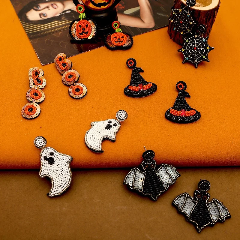 Lead Free Drop Earrings for Health -Wholesale Halloween Hat Ghost Creative Rice Bead Pumpkin Bat Exaggerated Earrings