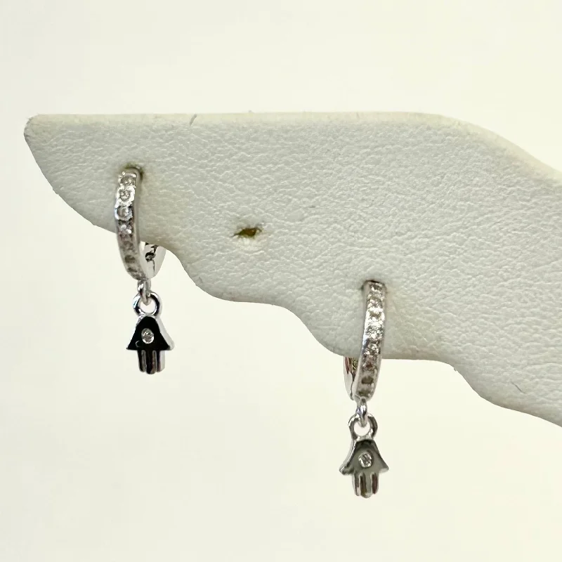 Maximalist Drop Earrings for Bling -Tiny Pave  Silver Hamsa Huggies With Tiny CZ Crystal