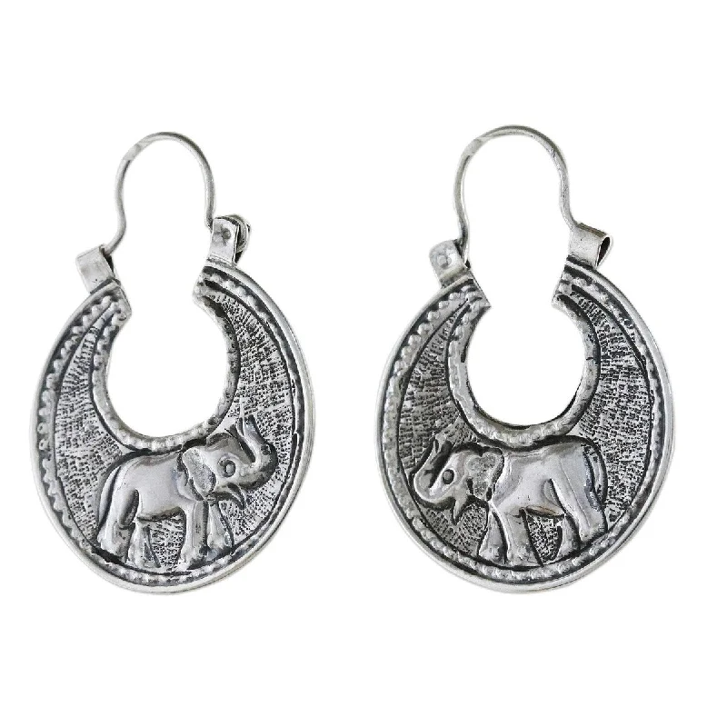 Round Drop Earrings for Classic -NOVICA Elephant Magic, Sterling silver hoop earrings