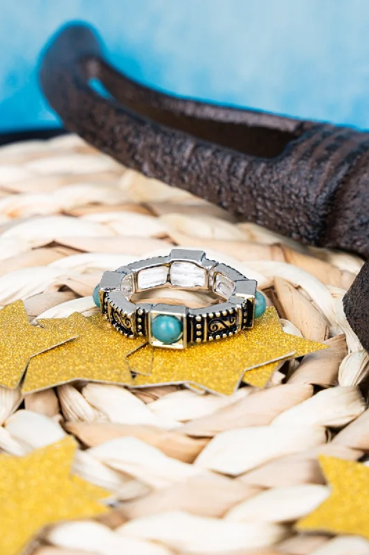 Rings with vintage-inspired rose-cut diamonds -SALE! Turquoise Renegade Run Silvertone Ring