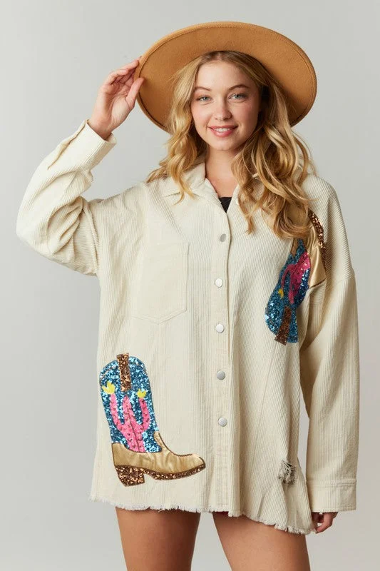 Rings with tiger eye for warm tones -Shimmering Cowgirl Ivory Corduroy Shacket