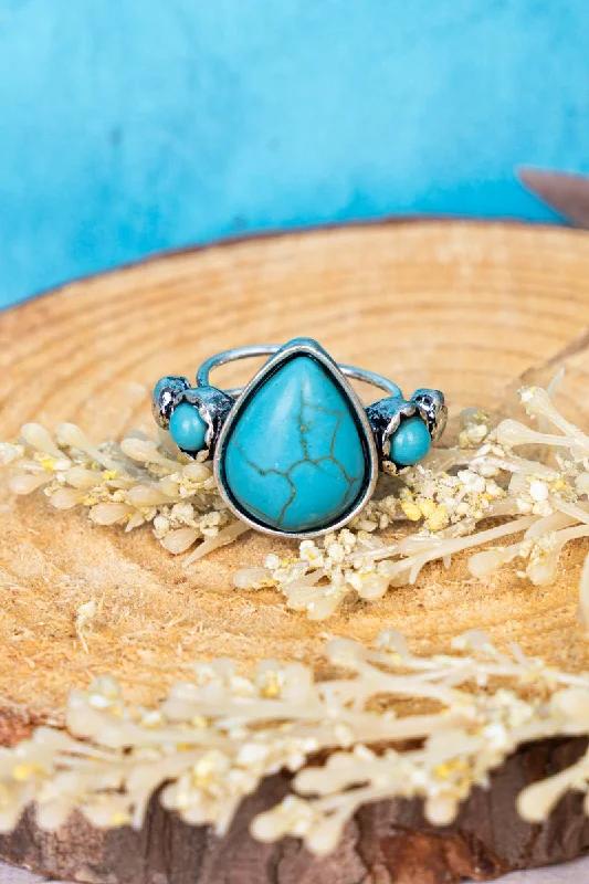 Rings with delicate filigree sapphire settings -SALE! Turquoise Takuma Teardrop Silvertone Ring