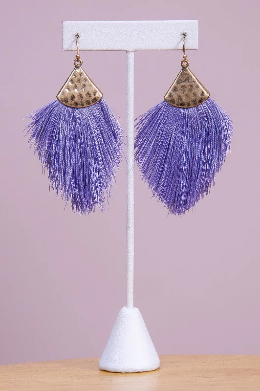 Vintage Drop Earrings with Patina -Lavender/Gold Hammered Fringe Tassel Earrings - EAR4347LV