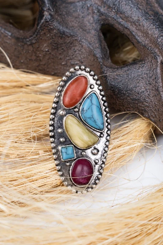 Handcrafted rings with raw emerald rough stones -SALE! Multi-Color Calico Canyon Oval Ring