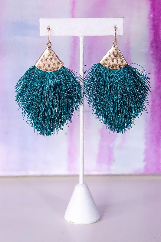 Drop Earrings for Prom Night -Hunter Green/Gold Hammered Fringe Earrings - EAR4406HGN