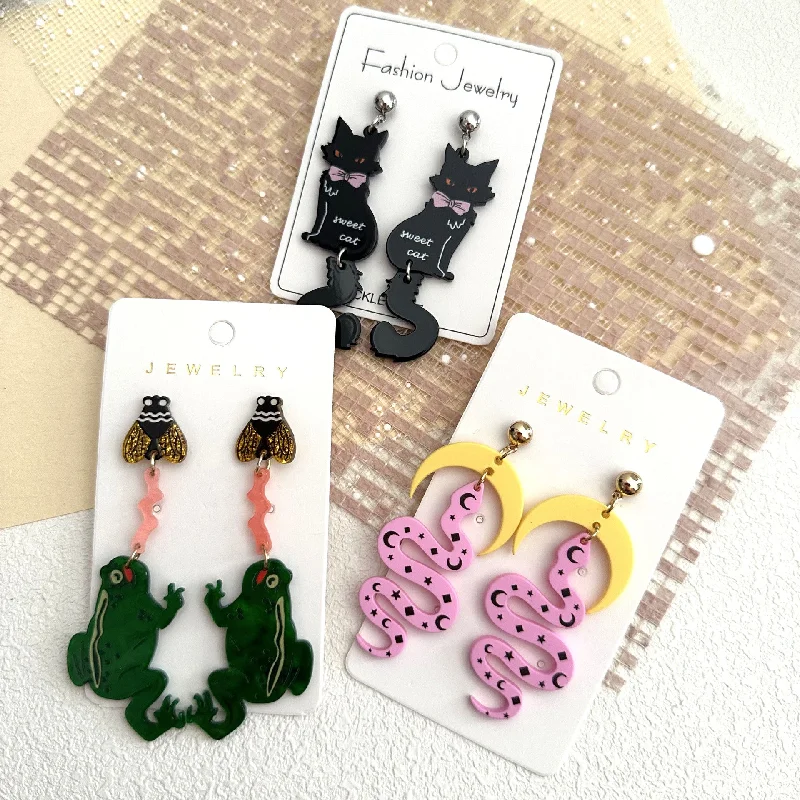 Drop Earrings for Birthday Celebration -Wholesale Acrylic Moon Snake Animal Bee Frog Cat Long Earrings