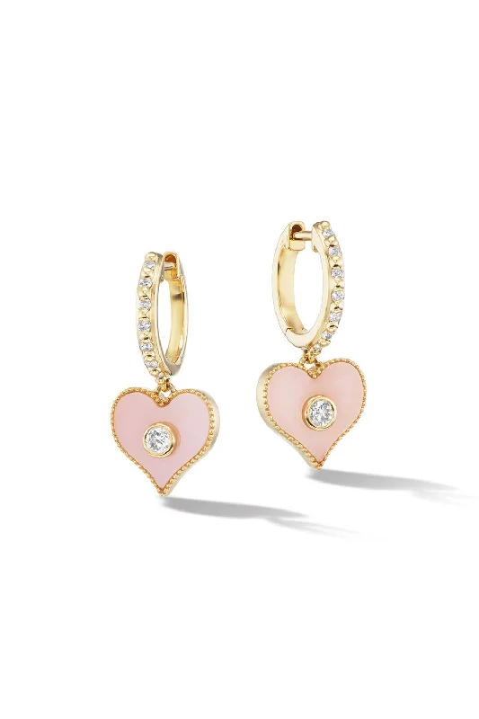 Drop Earrings with Chevron Designs -PINK OPAL INLAY HEART HUGGIE EARRINGS