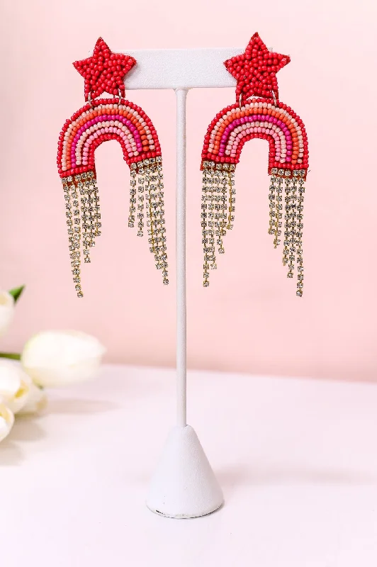 Drop Earrings for Travel Look -Red Seed Bead Crystal Fringe Rainbow Earrings - EAR3875RD