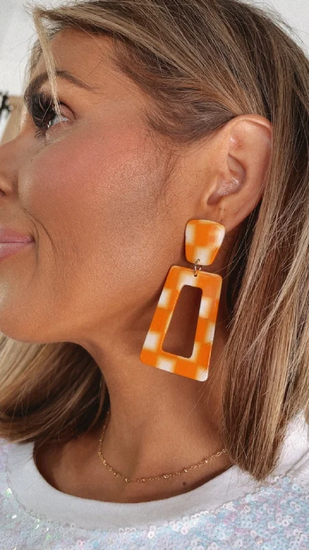 Drop Earrings for Everyday Glamour -Linny Co. Resin Checkered Earrings, Orange