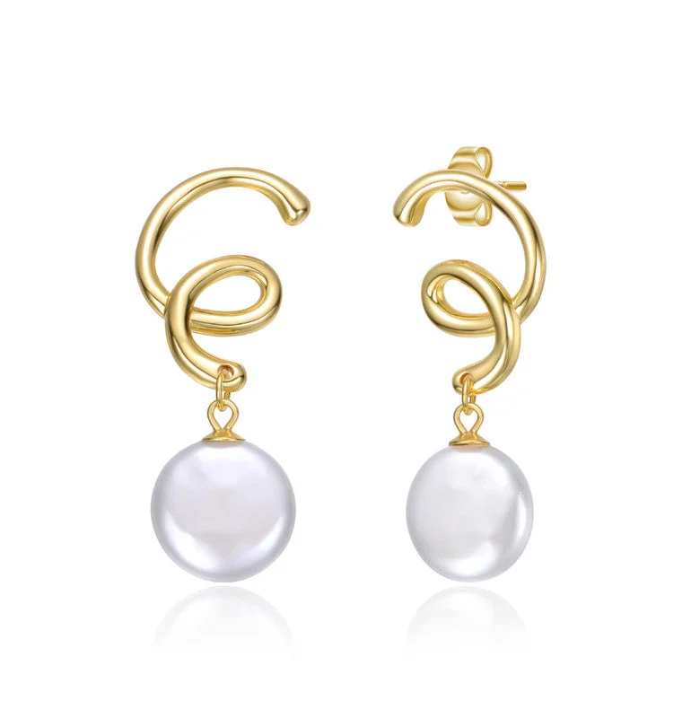 Short Drop Earrings for Subtle -Sterling Silver 14k Gold Plated with Freshwater Pearl Spiral Dangle Earrings