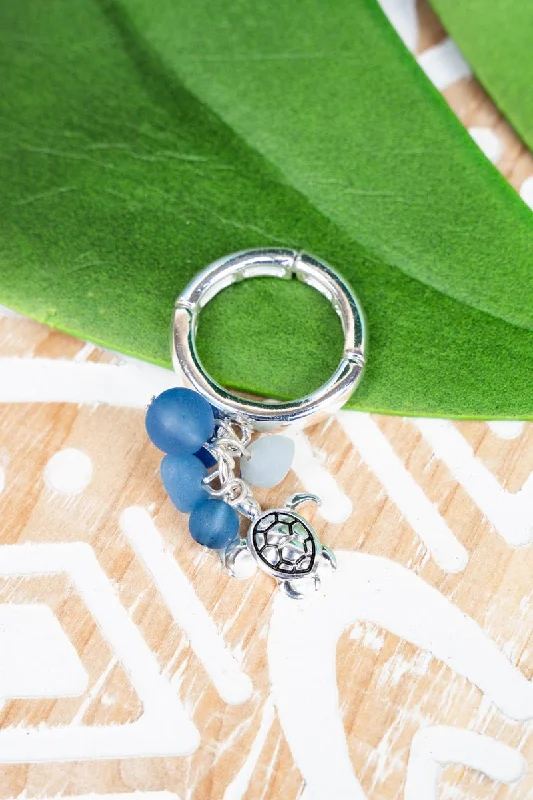 Rings with polished opal for iridescent beauty -SALE! Blue Sea Glass and Turtle Cluster Ring