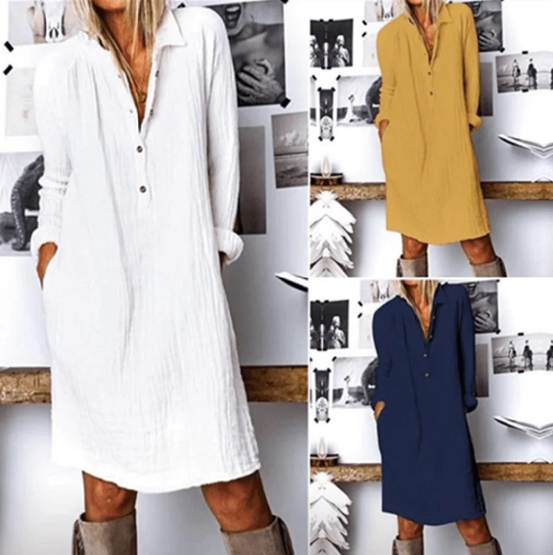 Cocktail Dresses for Party Time -Cotton And Linen Long Sleeve Dress