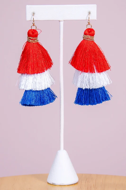 Clip On Drop Earrings for Non Pierced -Red/White/Blue Tassel Dangle Earrings - EAR4315RD