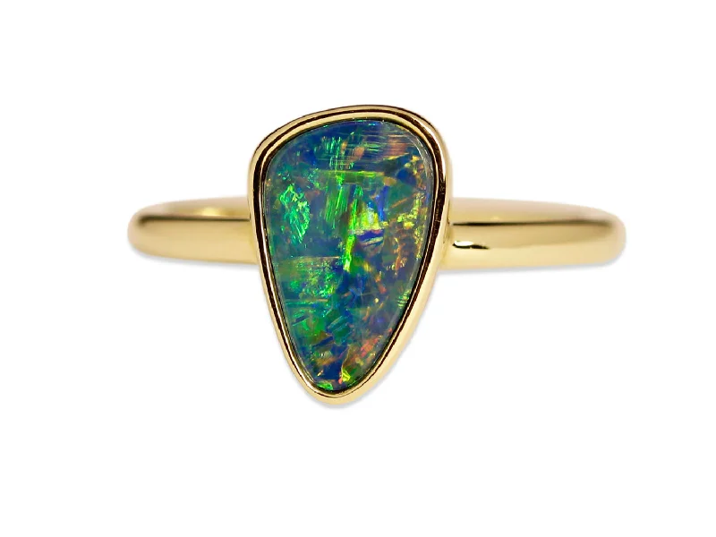 Titanium rings with rugged brushed metal look -Opal Doublet Ring in 14K Yellow Gold