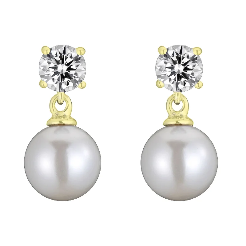 Beaded Drop Earrings for Party -GENEVIVE Sterling Silver Gold Plated Pearl and Cubic Zirconia Drop Earrings