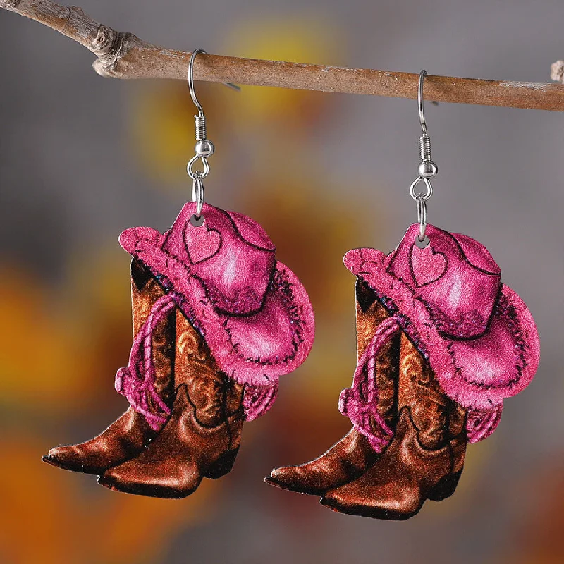 Drop Earrings for Valentine's Day -Wholesale Western Style Pink Cowboy Hat Cowboy Boots Pendant Earrings