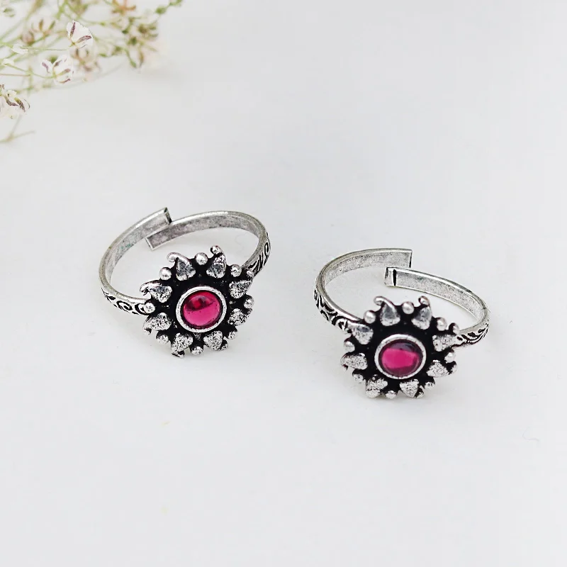 Rings with sleek black agate for edge -Teejh Miraya Pink  Stone Silver Oxidised Toe Rings