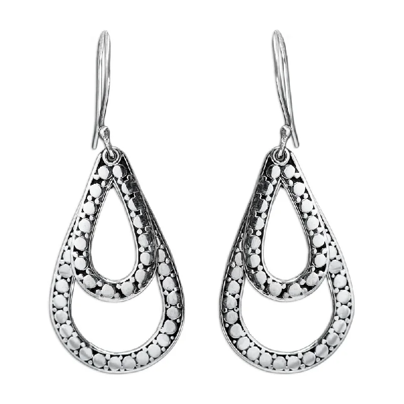 Drop Earrings with Debossed Designs -Handmade Sterling Silver 'Raindrop Tears' Earrings (Indonesia)