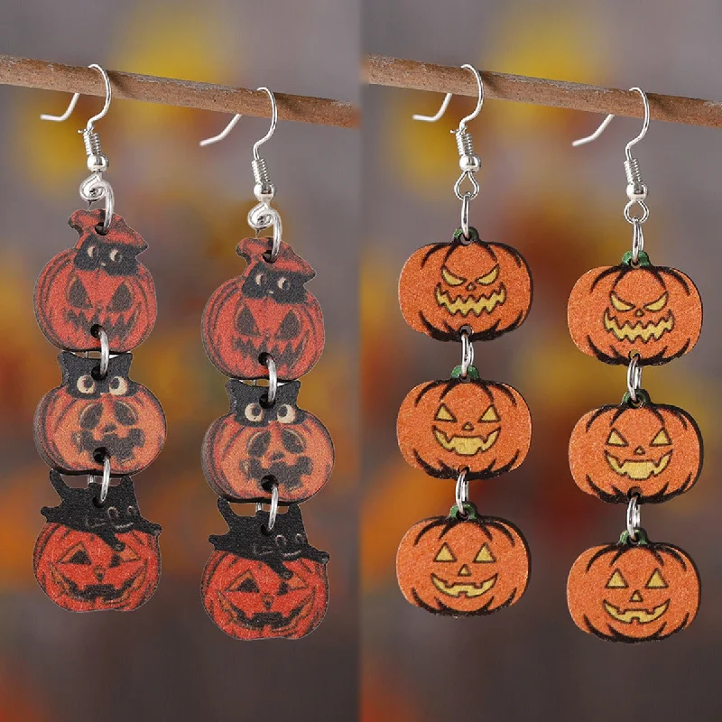 Drop Earrings with Knot Designs -Wholesale Halloween Gothic Style Black Cat Ghost Face Pumpkin Stitching Wooden Earrings