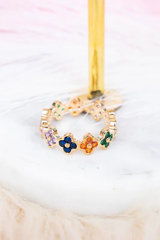 Handcrafted rings with raw emerald rough stones -Crystal Avenue Multi Color Cubic Zirconia Quatrefoil Goldtone Cuff Ring