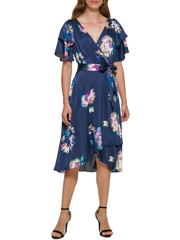 Cocktail Dresses for Party Time -Womens Floral Faux Wrap Midi Dress