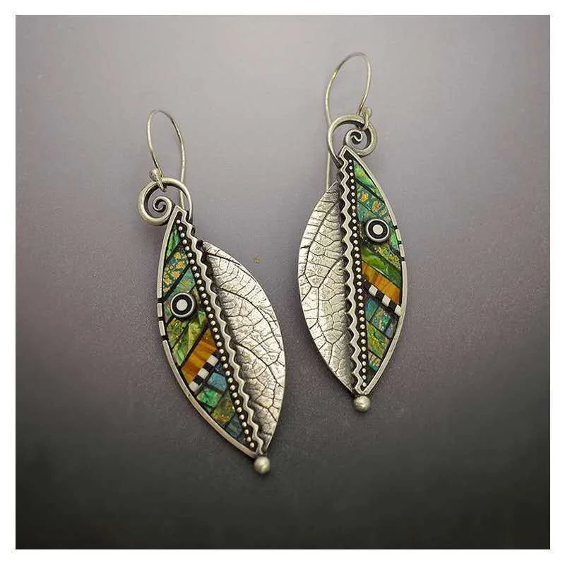 Waterproof Drop Earrings for Outdoor -Wholesale Brocade Iridescent Green Leaf Zigzag Artificial Wood Leaf Earrings