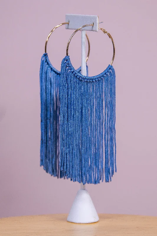 Drop Earrings for Office Wear -Long Blue Tassel Gold Hoop Earrings - EAR4374BL