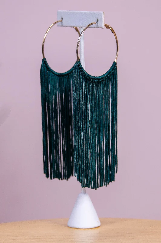 Drop Earrings for Yoga Session -Long Dark Green/Gold Tassel Hoop Earrings - EAR4371DGN