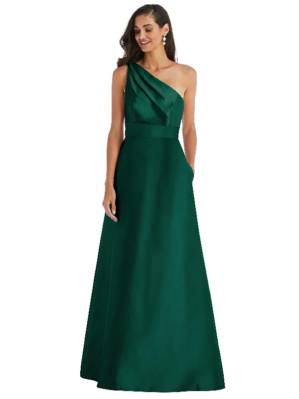 Halter Dresses for Chic Style -Draped One-Shoulder Satin Maxi Dress with Pockets