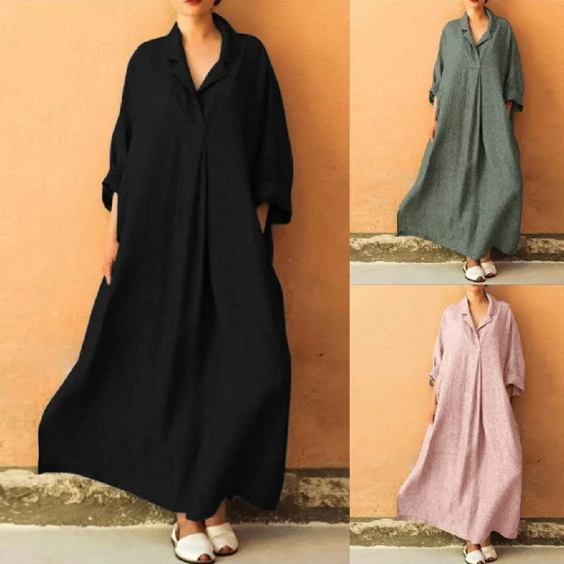 Party Dresses for Celebration -Women Dress Loose Casual Ankle Length Office Lady Dress Solid  Lantern Sleeve Bohemian Loose Waist Women Dress