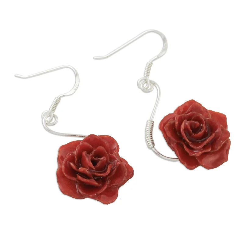 Drop Earrings for Anniversary -Sterling Silver 'Scarlet Romance' Natural Rose Earrings (Thailand)