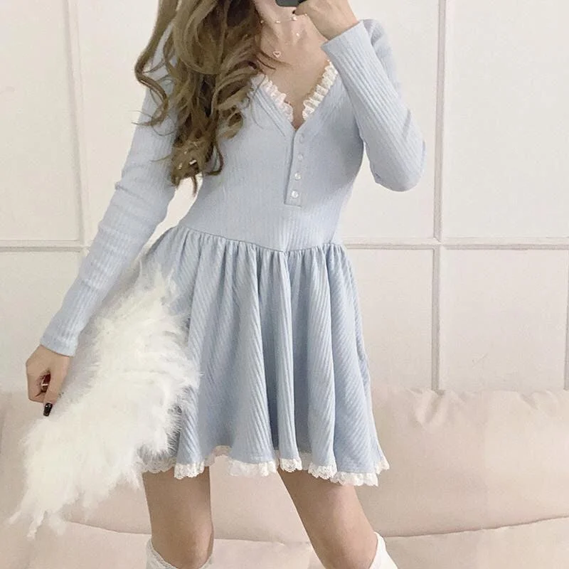 Purple Dresses for Royalty -2021 spring new milk blue ins pure desire wind ballet skirt female lace stitching high waist slimming V-neck dress