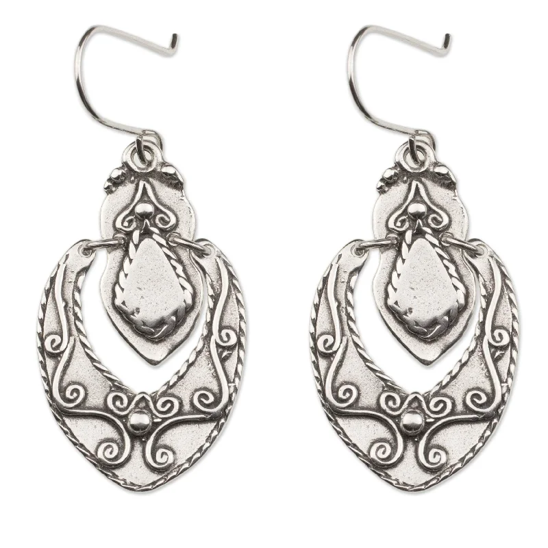 Drop Earrings for Party Look -Handmade Sterling Silver 'Baroque Medallion' Earrings (Mexico)