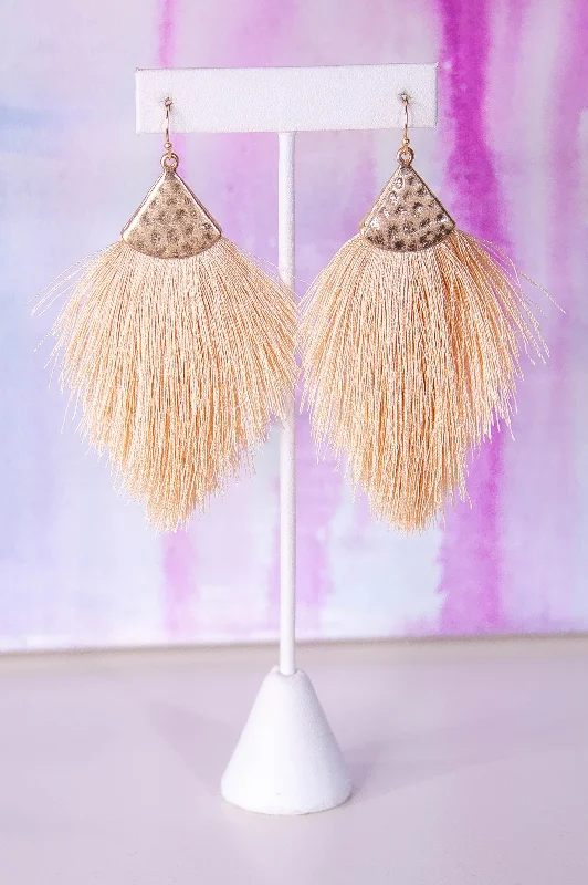 Drop Earrings with Embossed Patterns -Beige/Gold Hammered Fringe Tassel Earrings - EAR4407BG